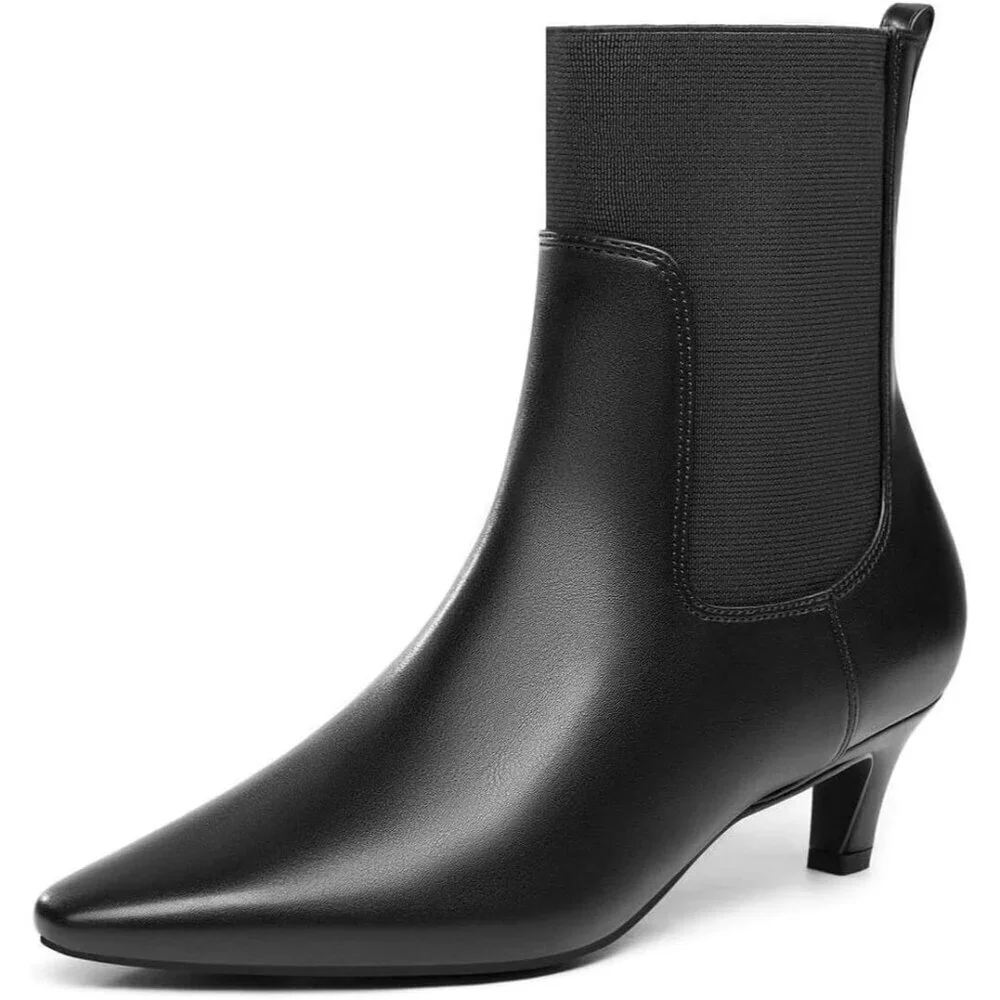 Women's Black Pu Ankle Low Kitten Heel Pointed Toe Slip On Dressy Winter Boots
